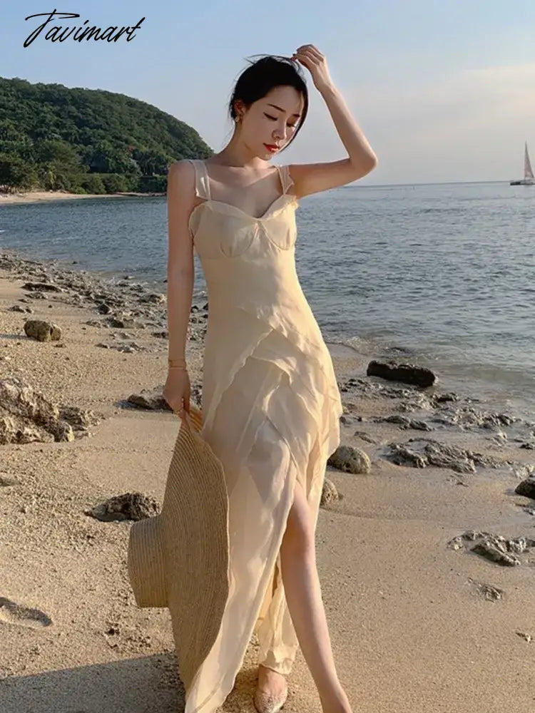 Robe Sling Party Ruffle Holiday Dresses Vintage Women Spaghetti Strap Beach Long Dress Summer Slit Evening Boho Vestidos