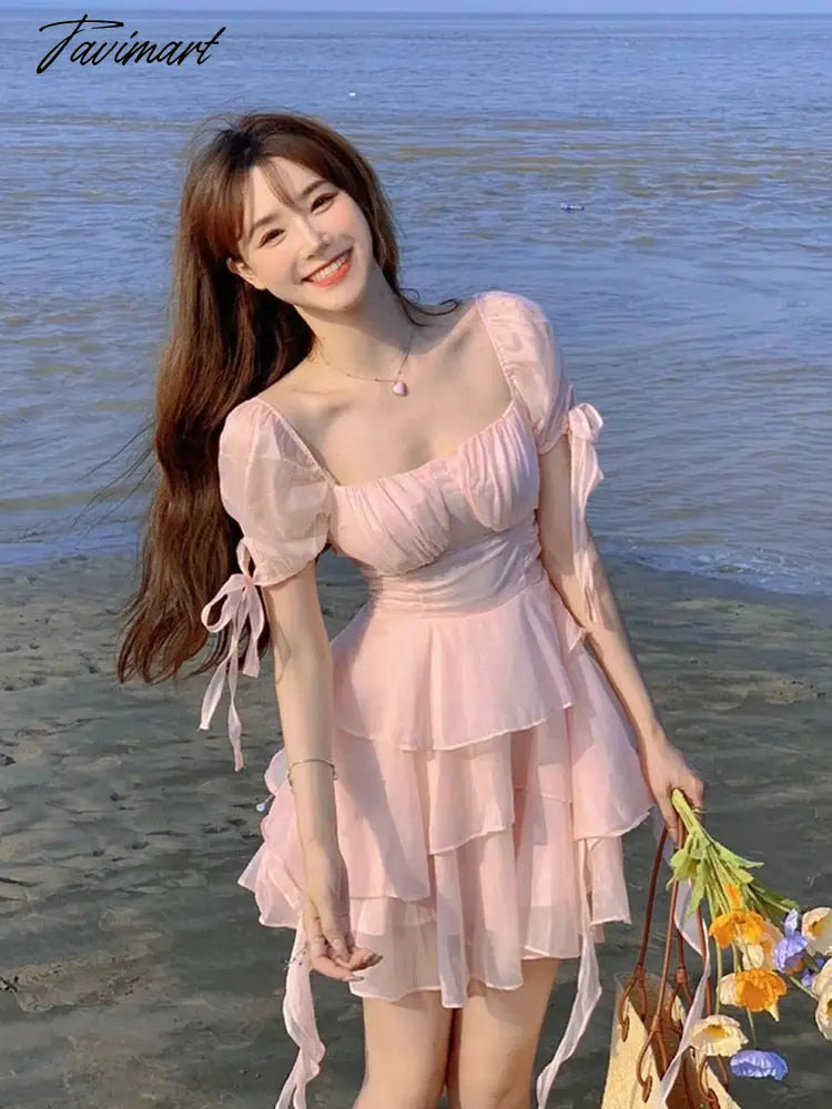 Ruffled Puff Sleeve Dress Solid Square Collar Women's Summer Dress Chic High Waist Sweet Pink Cake Short Fairy Dress Vestidos