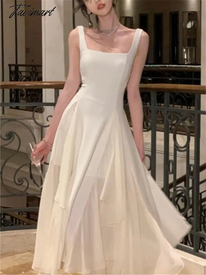 Ruffles Midi Dresses Summer New Women French Elegant Square Neck Evening Party White Vestidos Fashion Princess Birthday Clothes