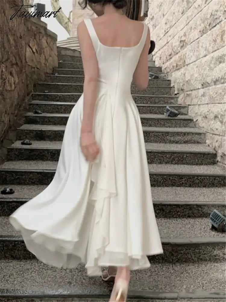 Ruffles Midi Dresses Summer New Women French Elegant Square Neck Evening Party White Vestidos Fashion Princess Birthday Clothes