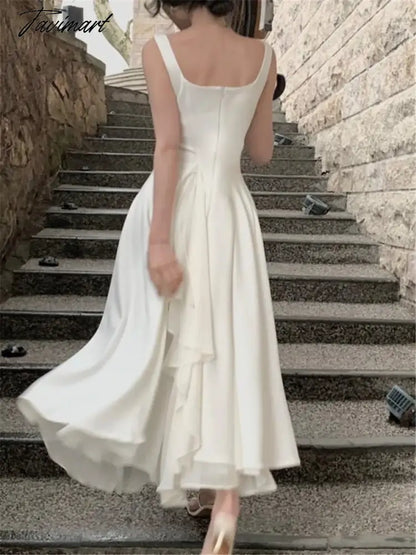 Ruffles Midi Dresses Summer New Women French Elegant Square Neck Evening Party White Vestidos Fashion Princess Birthday Clothes