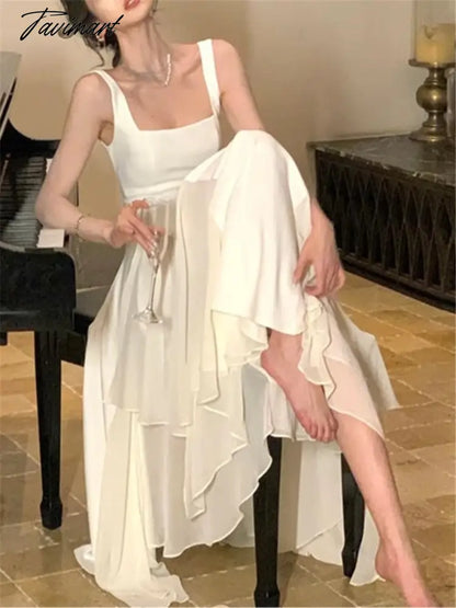 Ruffles Midi Dresses Summer New Women French Elegant Square Neck Evening Party White Vestidos Fashion Princess Birthday Clothes