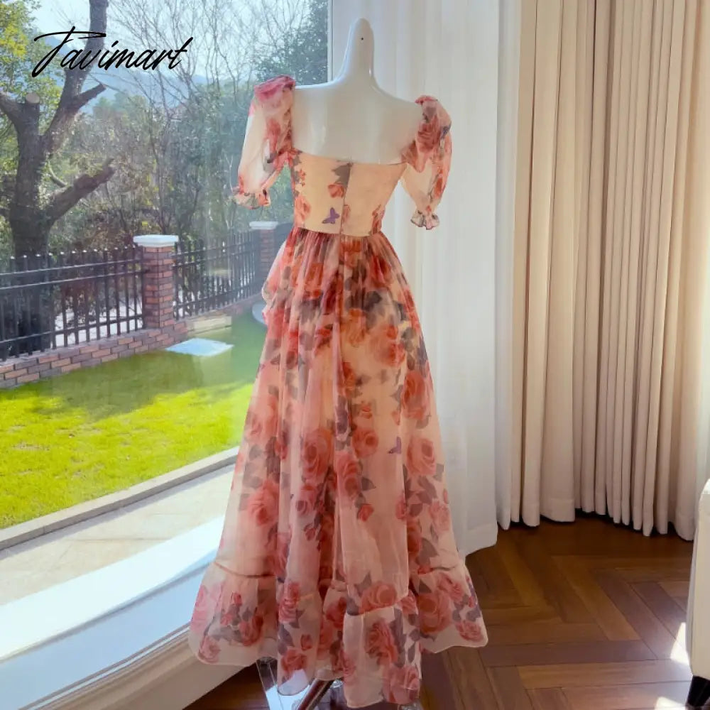 Runway Designer Elegant Ruffles Floral Printed Long Dresses for Women Summer Vintage Puff Sleeve Chiffon Maxi Dress