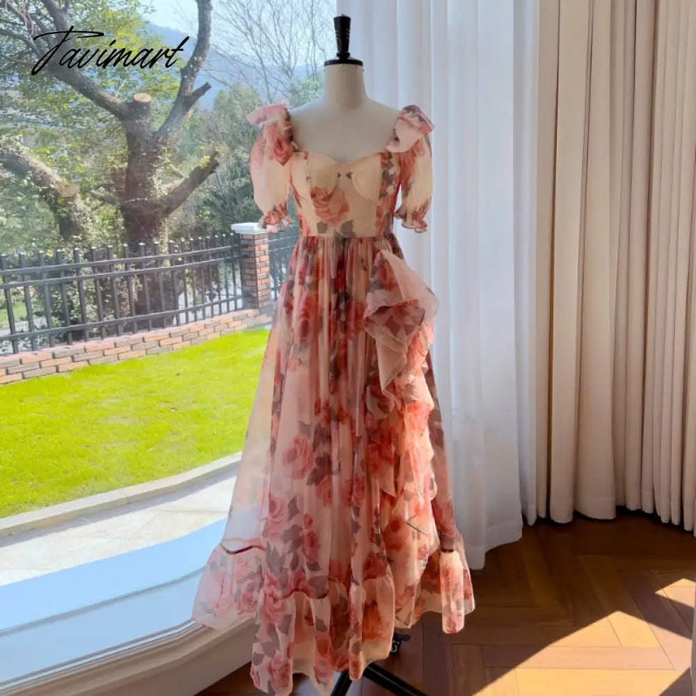 Runway Designer Elegant Ruffles Floral Printed Long Dresses for Women Summer Vintage Puff Sleeve Chiffon Maxi Dress