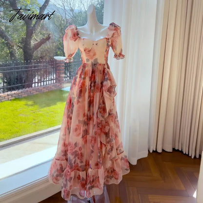 Runway Designer Elegant Ruffles Floral Printed Long Dresses for Women Summer Vintage Puff Sleeve Chiffon Maxi Dress