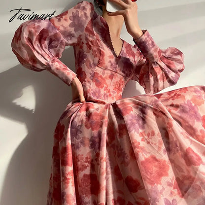 Runway Designers Elegant Pink Floral Printed Dresses for Women Vintage V-neck Lantern Sleeve Midi Summer Dress Female
