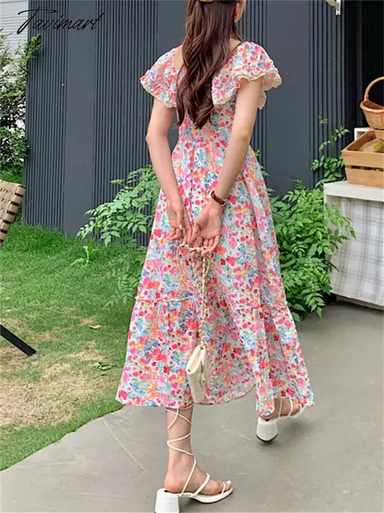 S-L OL Maxi Dress Elegant Square Collar Slim Chic Fashion Summer Daily Vintage Office Lady Printed High Waist