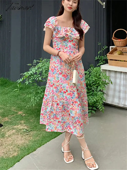 S-L OL Maxi Dress Elegant Square Collar Slim Chic Fashion Summer Daily Vintage Office Lady Printed High Waist