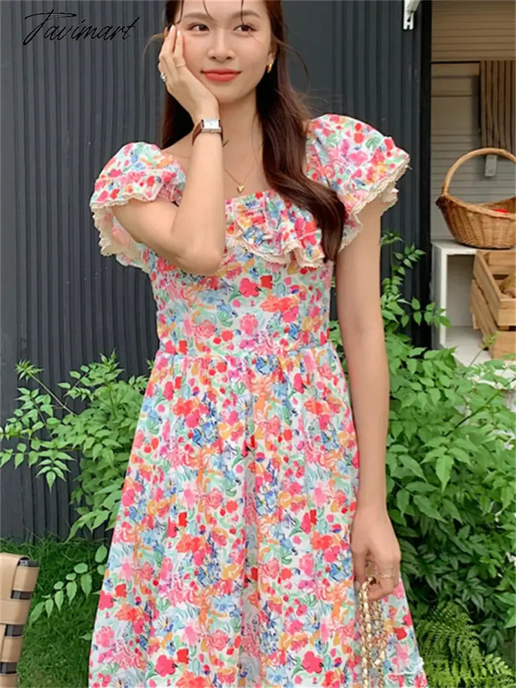 S-L OL Maxi Dress Elegant Square Collar Slim Chic Fashion Summer Daily Vintage Office Lady Printed High Waist