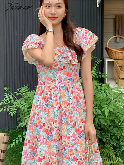 S-L OL Maxi Dress Elegant Square Collar Slim Chic Fashion Summer Daily Vintage Office Lady Printed High Waist