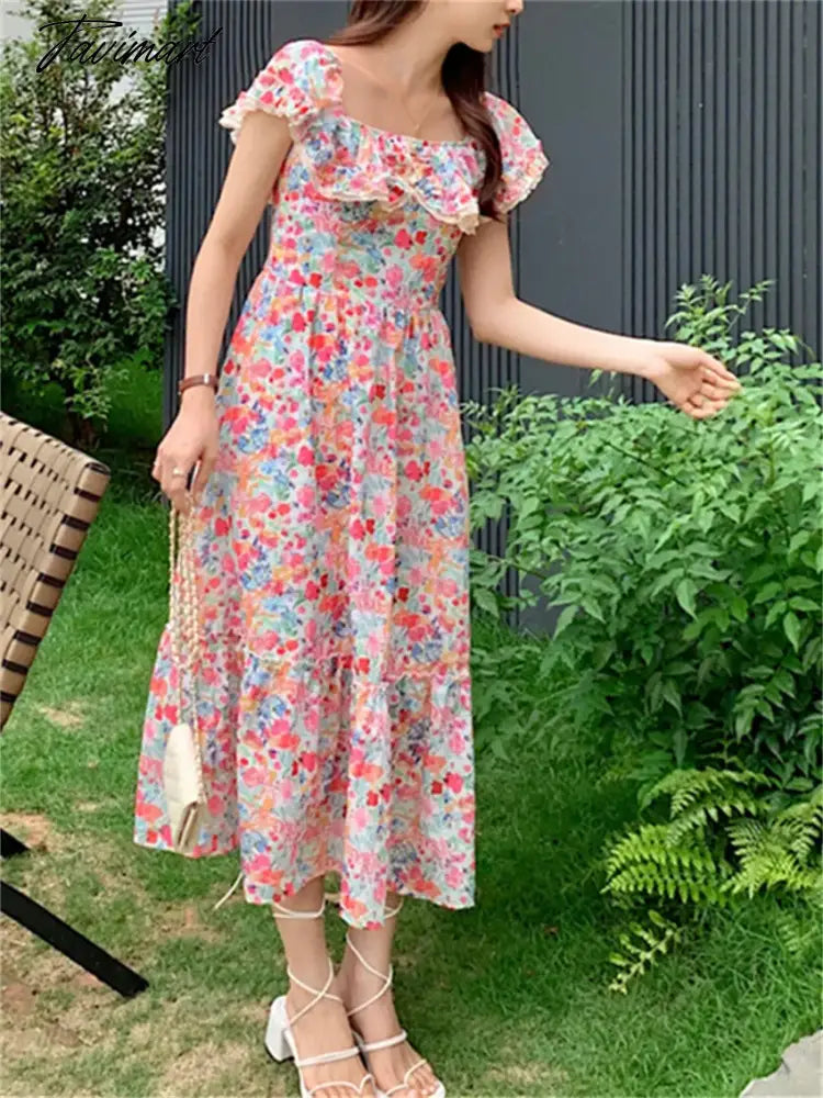 S-L OL Maxi Dress Elegant Square Collar Slim Chic Fashion Summer Daily Vintage Office Lady Printed High Waist