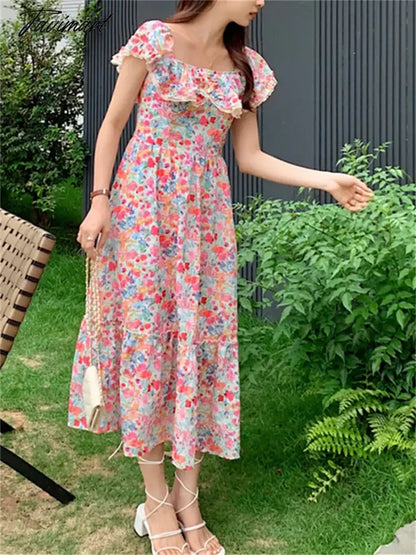S-L OL Maxi Dress Elegant Square Collar Slim Chic Fashion Summer Daily Vintage Office Lady Printed High Waist