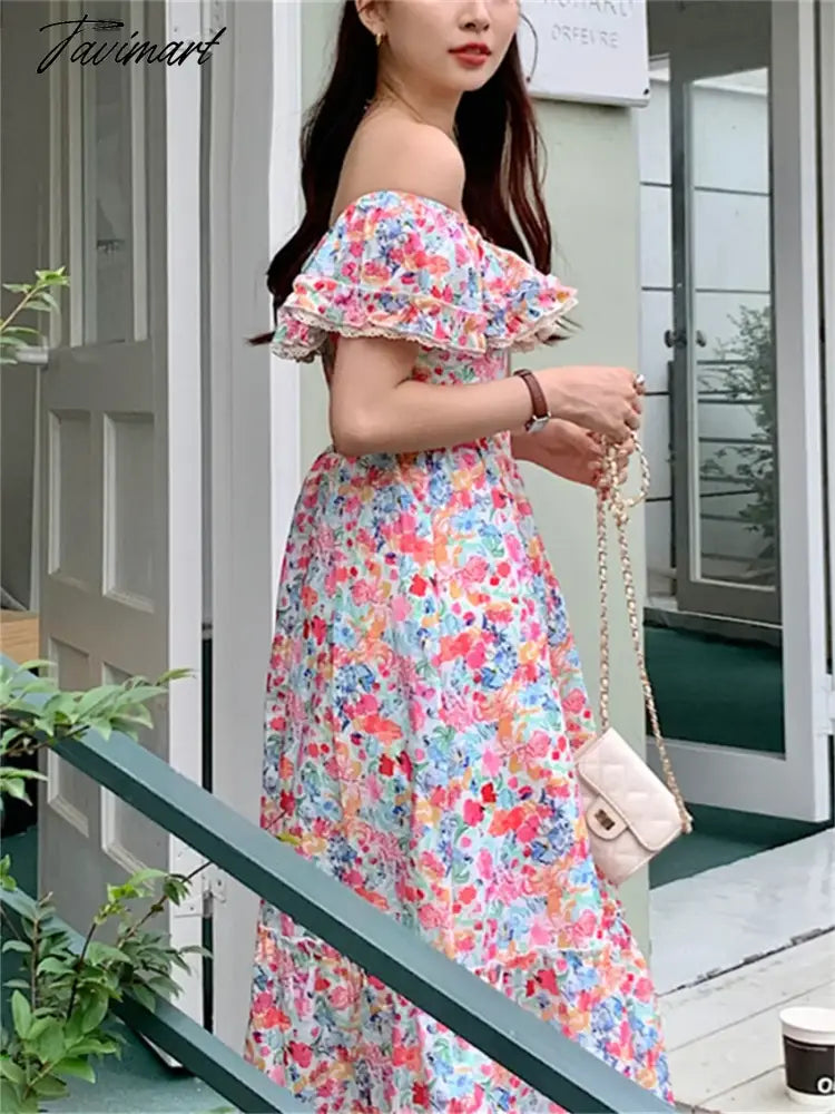 S-L OL Maxi Dress Elegant Square Collar Slim Chic Fashion Summer Daily Vintage Office Lady Printed High Waist