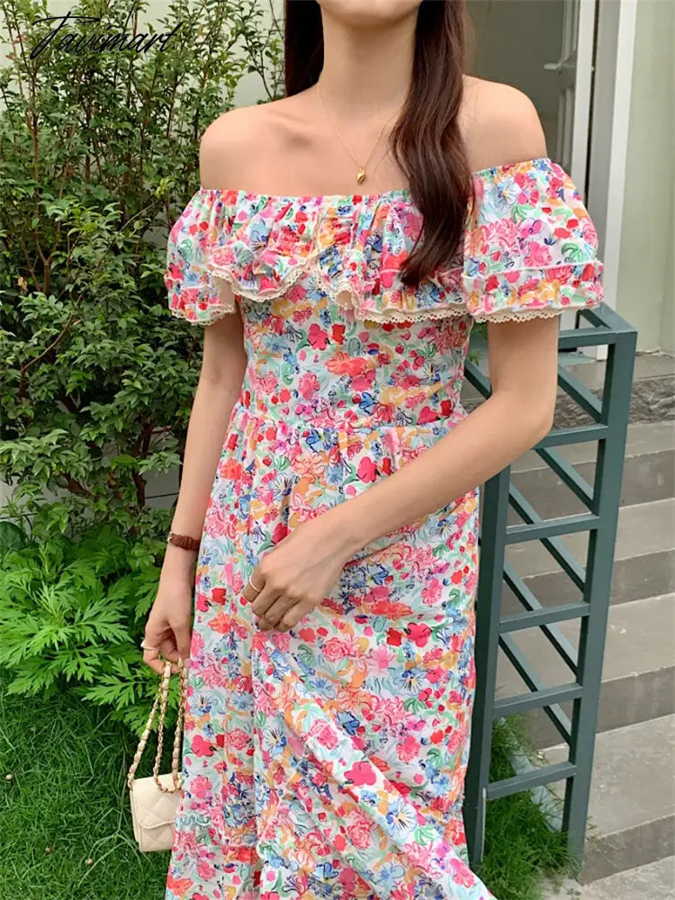 S-L OL Maxi Dress Elegant Square Collar Slim Chic Fashion Summer Daily Vintage Office Lady Printed High Waist