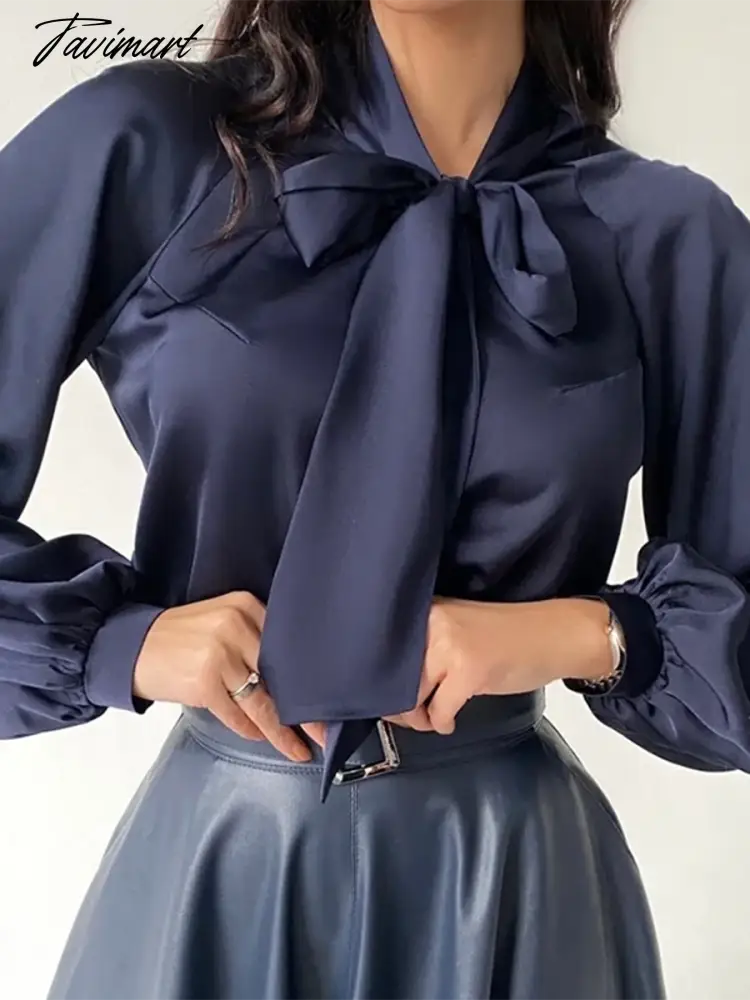 Satin Bow Tie Fashion Women Blouse Lantern Sleeve Casual Solid Color Office Lady Tops Summer New Arrivals