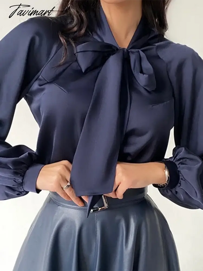 Satin Bow Tie Fashion Women Blouse Lantern Sleeve Casual Solid Color Office Lady Tops Summer New Arrivals