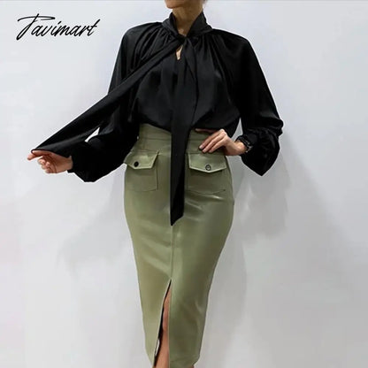 Satin Bow Tie Fashion Women Blouse Lantern Sleeve Casual Solid Color Office Lady Tops Summer New Arrivals