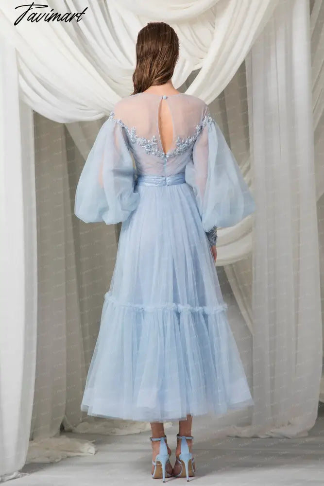 See Through O-neck Prom Dress Long Sleeve Lace Dress A-line Tea Length Blue Tulle Dress With Bow Applique Evening Dresses