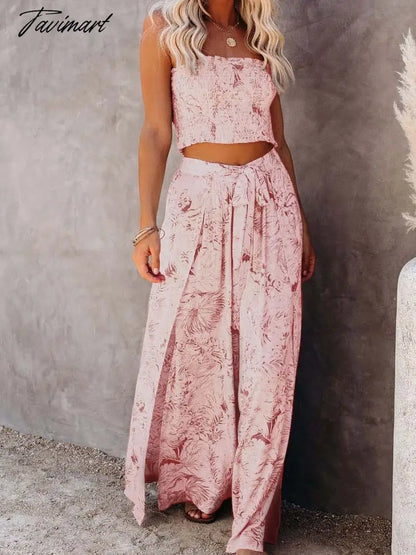 Sexy 2 Pieces Sets Blue Printing Summer Women Floral Clothes Sets Tank Top Wide Leg Pants Outwear C1A427