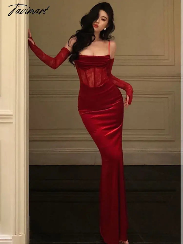Sexy Bodycon Maxi Dress Women Evening Party Prom Robe Wedding Vestidos Mujer Velvet Lace Patchwork Spaghetti Strap Slim Mermaid