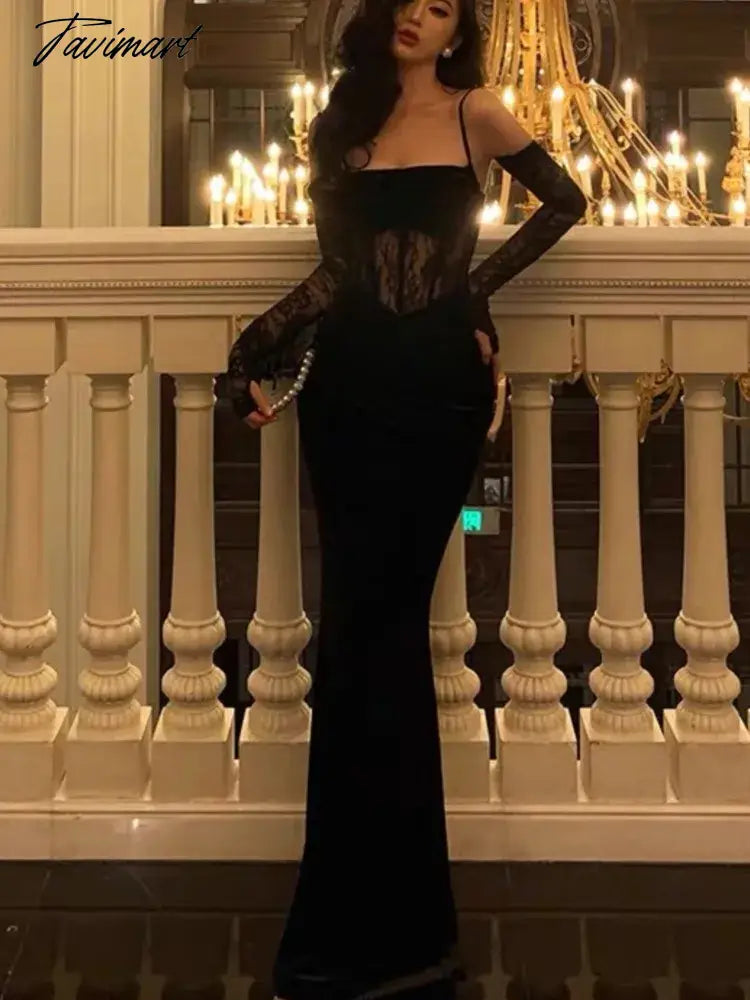 Sexy Bodycon Maxi Dress Women Evening Party Prom Robe Wedding Vestidos Mujer Velvet Lace Patchwork Spaghetti Strap Slim Mermaid