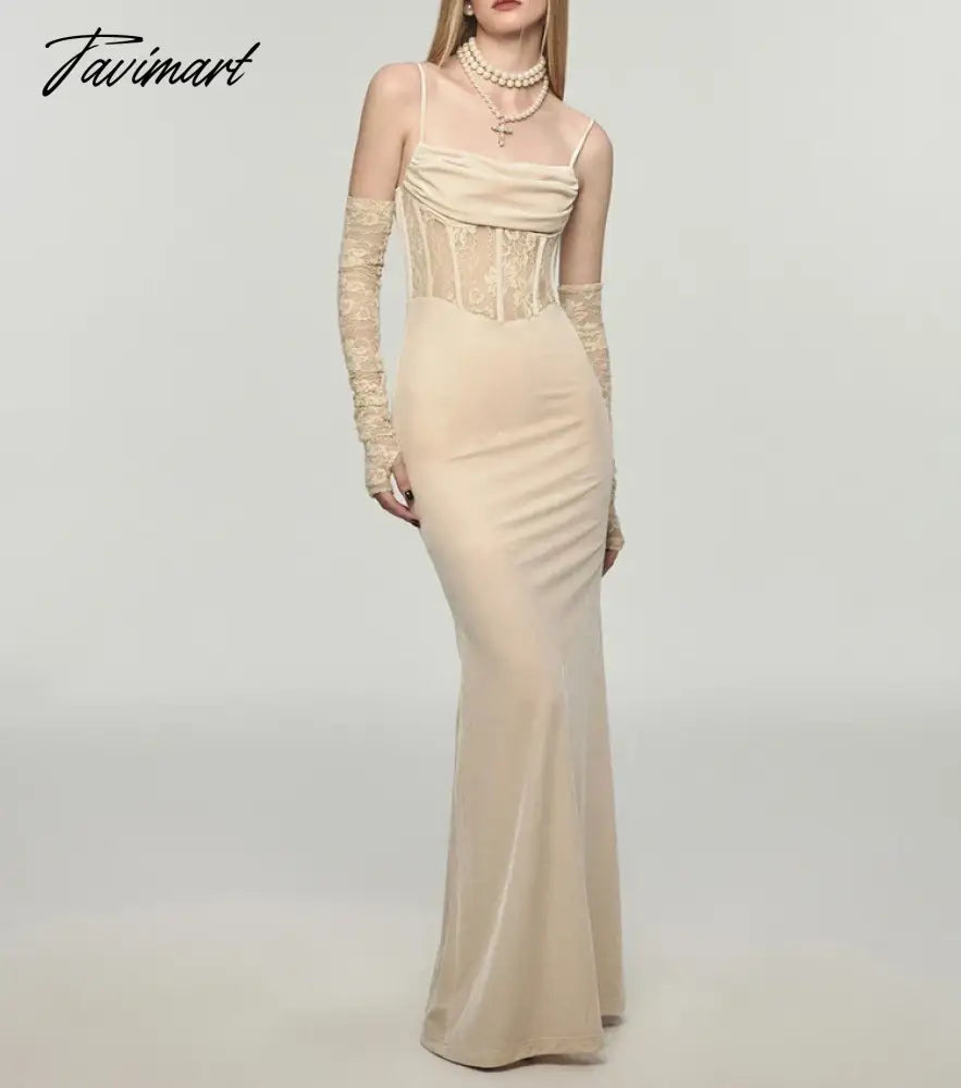 Sexy Bodycon Maxi Dress Women Evening Party Prom Robe Wedding Vestidos Mujer Velvet Lace Patchwork Spaghetti Strap Slim Mermaid