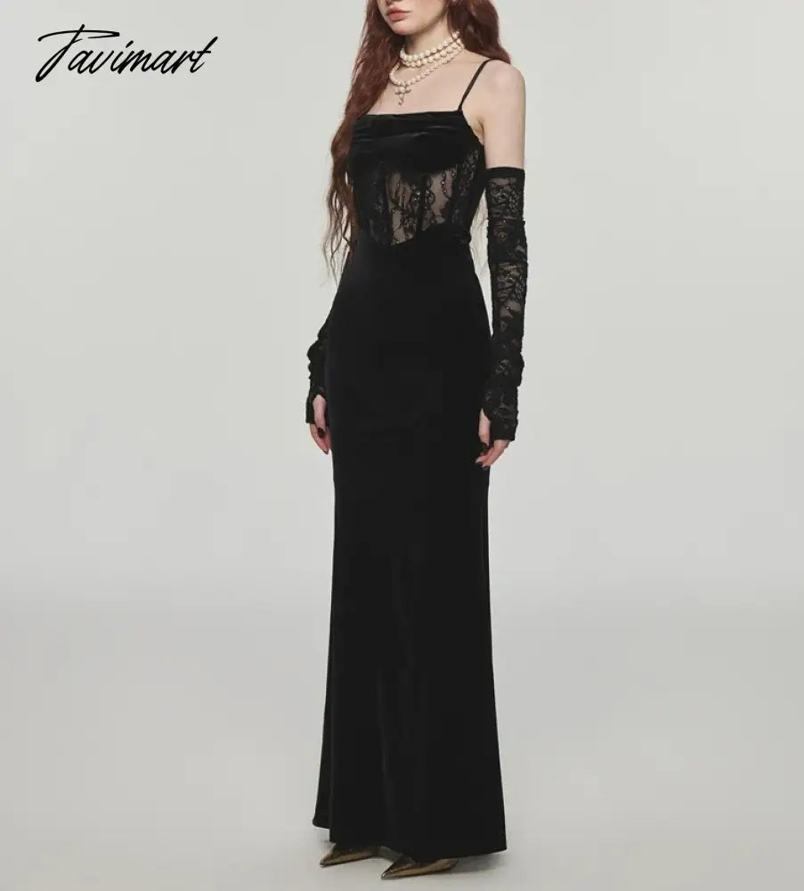 Sexy Bodycon Maxi Dress Women Evening Party Prom Robe Wedding Vestidos Mujer Velvet Lace Patchwork Spaghetti Strap Slim Mermaid