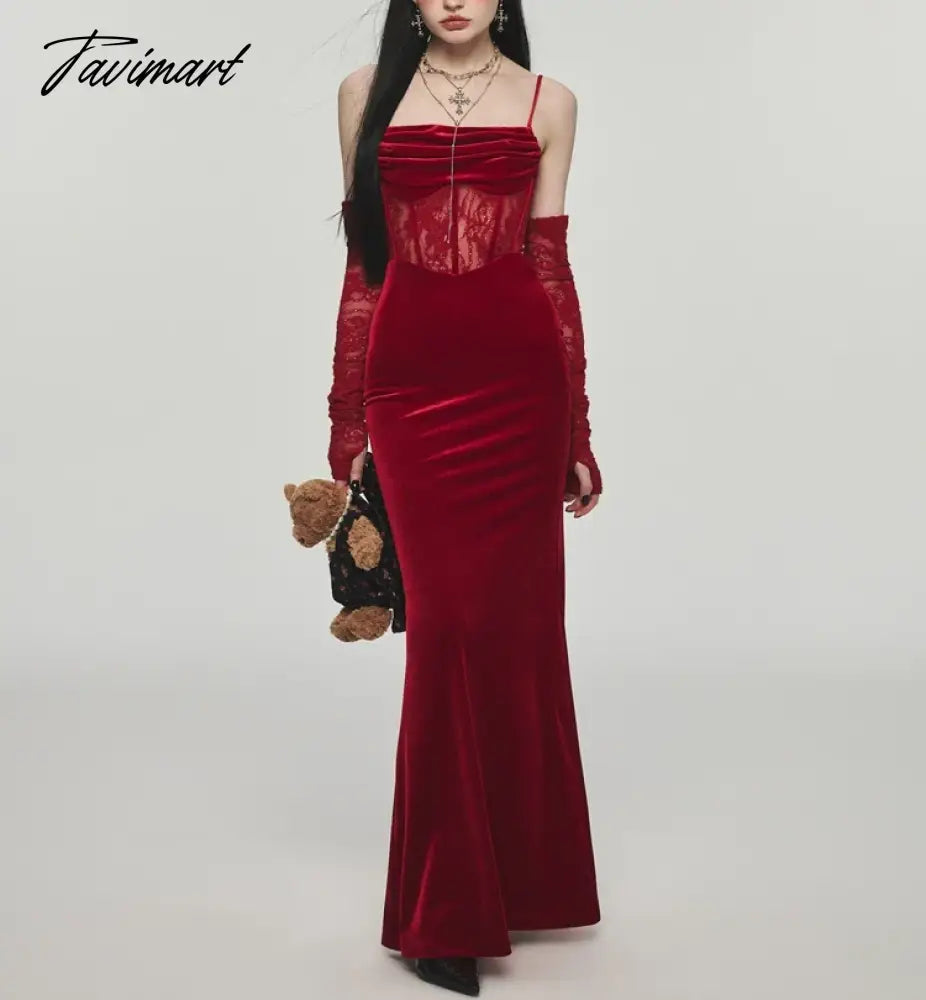 Sexy Bodycon Maxi Dress Women Evening Party Prom Robe Wedding Vestidos Mujer Velvet Lace Patchwork Spaghetti Strap Slim Mermaid