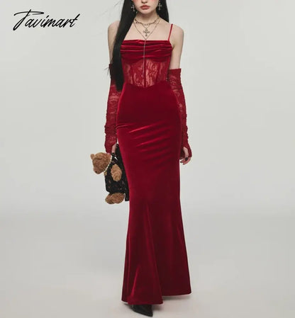 Sexy Bodycon Maxi Dress Women Evening Party Prom Robe Wedding Vestidos Mujer Velvet Lace Patchwork Spaghetti Strap Slim Mermaid
