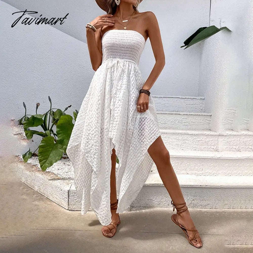 Sexy Bra Dresses Women's Summer Dress New Strapless Knitted Irregular Swing Hollow Solid Sexy Mesh Beach Midi Dress