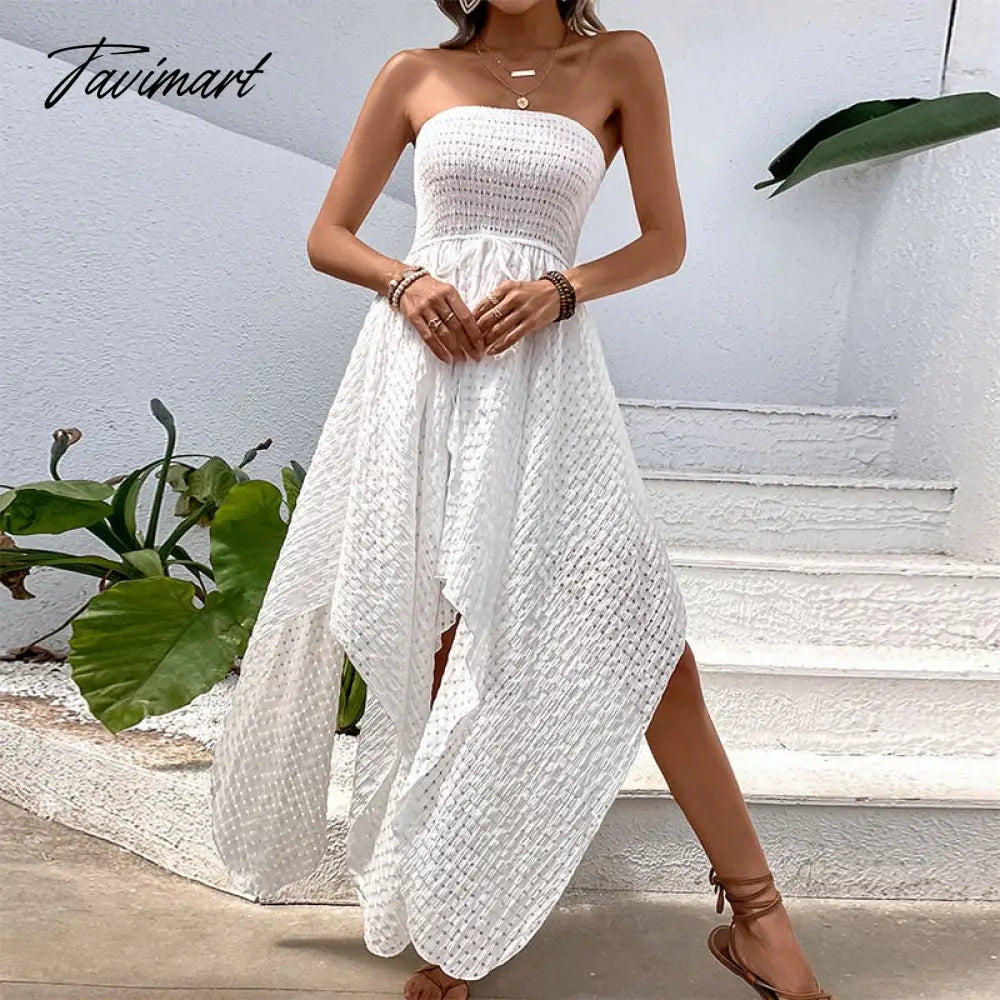Sexy Bra Dresses Women's Summer Dress New Strapless Knitted Irregular Swing Hollow Solid Sexy Mesh Beach Midi Dress