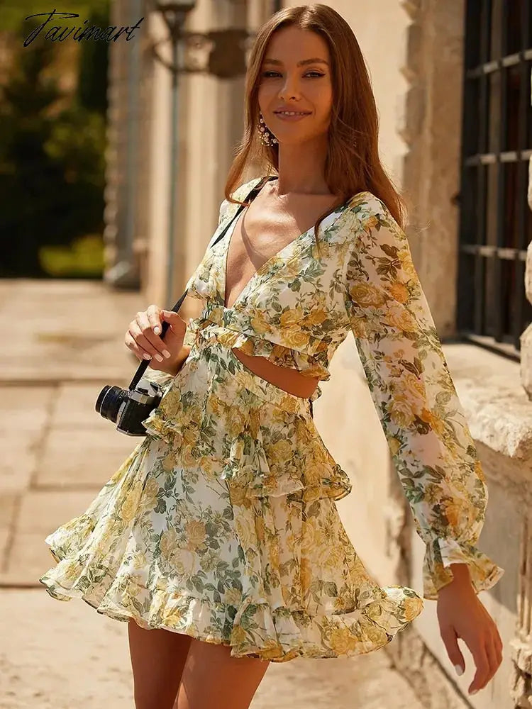 Sexy Deep V Print Mini Dress Woman Long Butterfly Sleeve Club Party Evening Birthday Summer Beach Style Dress Vestidos A1118