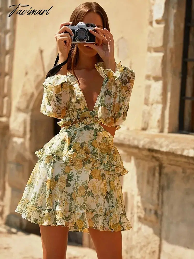 Sexy Deep V Print Mini Dress Woman Long Butterfly Sleeve Club Party Evening Birthday Summer Beach Style Dress Vestidos A1118