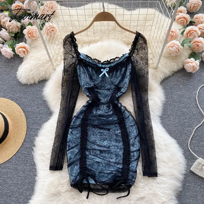 Sexy Hollow Out Floral Lace Mini Bodycon Dress for Women Elegant Square Collar Slim High Waist Drawstring Ruched Party Dresses