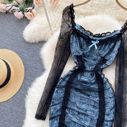 Sexy Hollow Out Floral Lace Mini Bodycon Dress for Women Elegant Square Collar Slim High Waist Drawstring Ruched Party Dresses