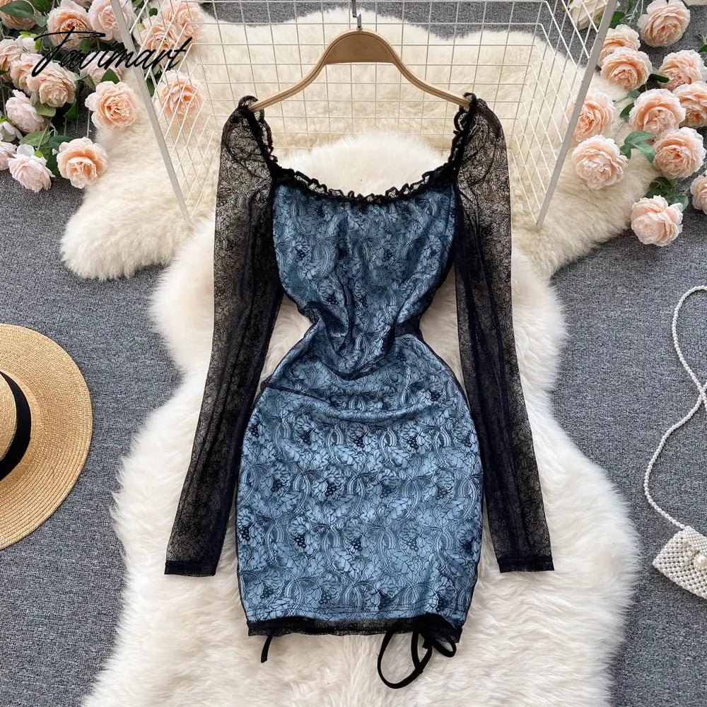 Sexy Hollow Out Floral Lace Mini Bodycon Dress for Women Elegant Square Collar Slim High Waist Drawstring Ruched Party Dresses