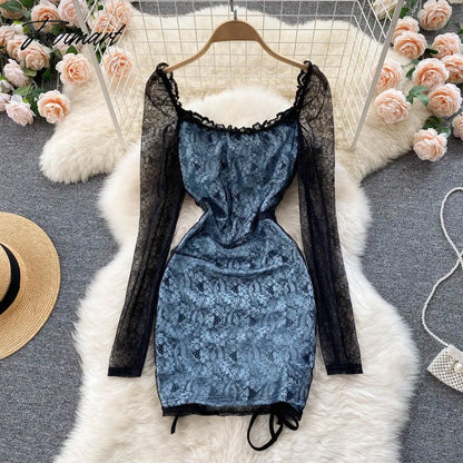 Sexy Hollow Out Floral Lace Mini Bodycon Dress for Women Elegant Square Collar Slim High Waist Drawstring Ruched Party Dresses