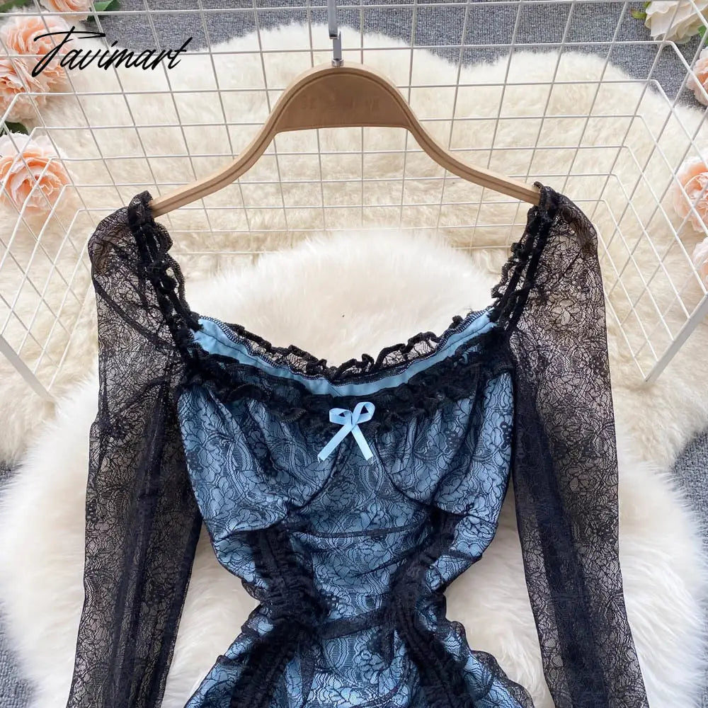 Sexy Hollow Out Floral Lace Mini Bodycon Dress for Women Elegant Square Collar Slim High Waist Drawstring Ruched Party Dresses