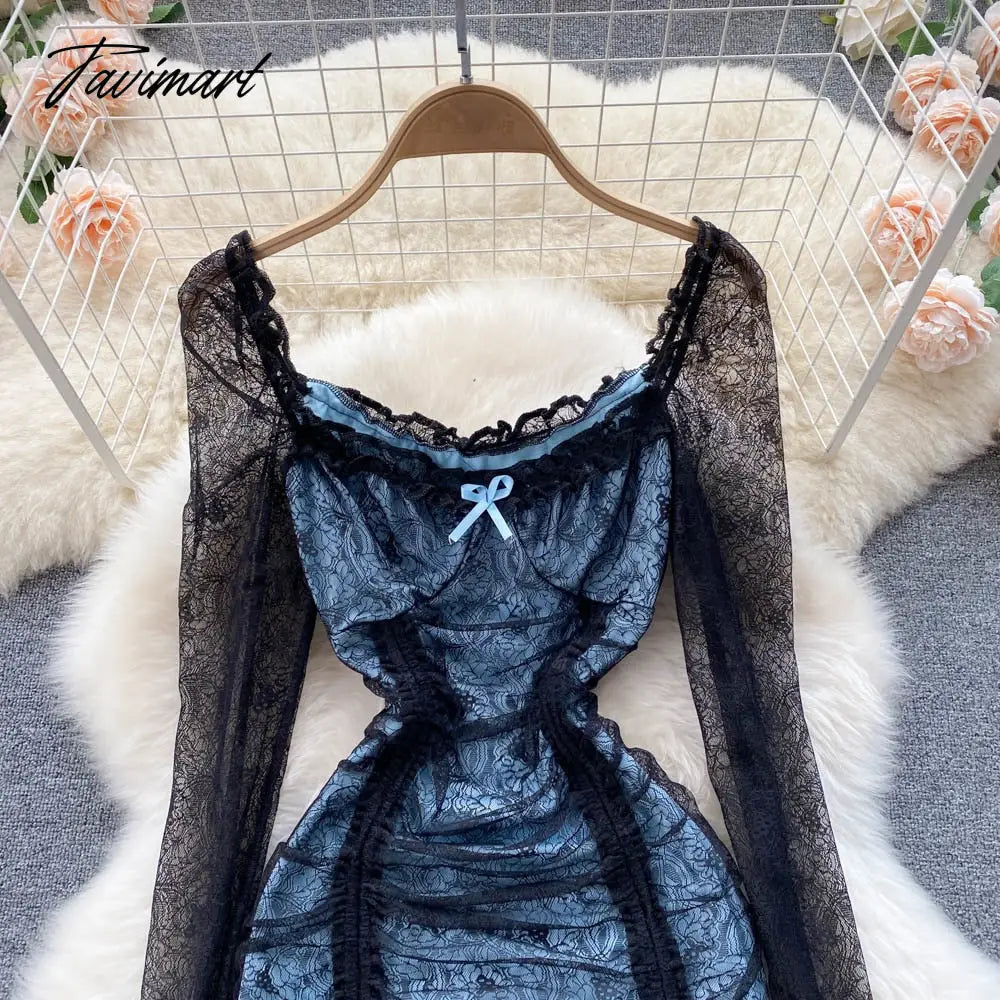 Sexy Hollow Out Floral Lace Mini Bodycon Dress for Women Elegant Square Collar Slim High Waist Drawstring Ruched Party Dresses