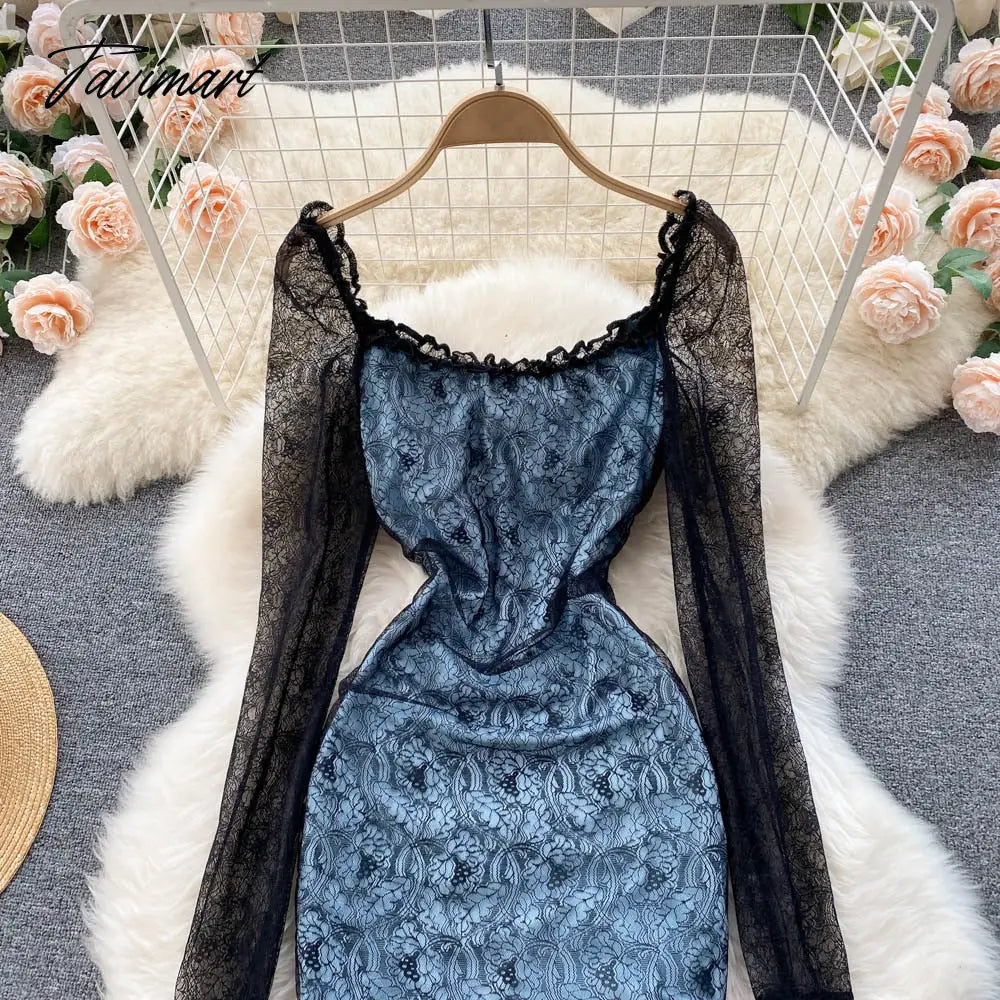 Sexy Hollow Out Floral Lace Mini Bodycon Dress for Women Elegant Square Collar Slim High Waist Drawstring Ruched Party Dresses