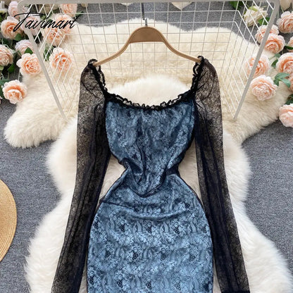 Sexy Hollow Out Floral Lace Mini Bodycon Dress for Women Elegant Square Collar Slim High Waist Drawstring Ruched Party Dresses