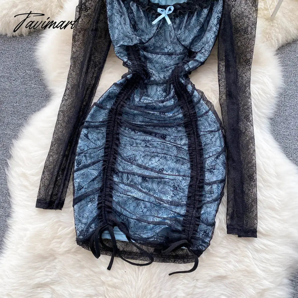 Sexy Hollow Out Floral Lace Mini Bodycon Dress for Women Elegant Square Collar Slim High Waist Drawstring Ruched Party Dresses