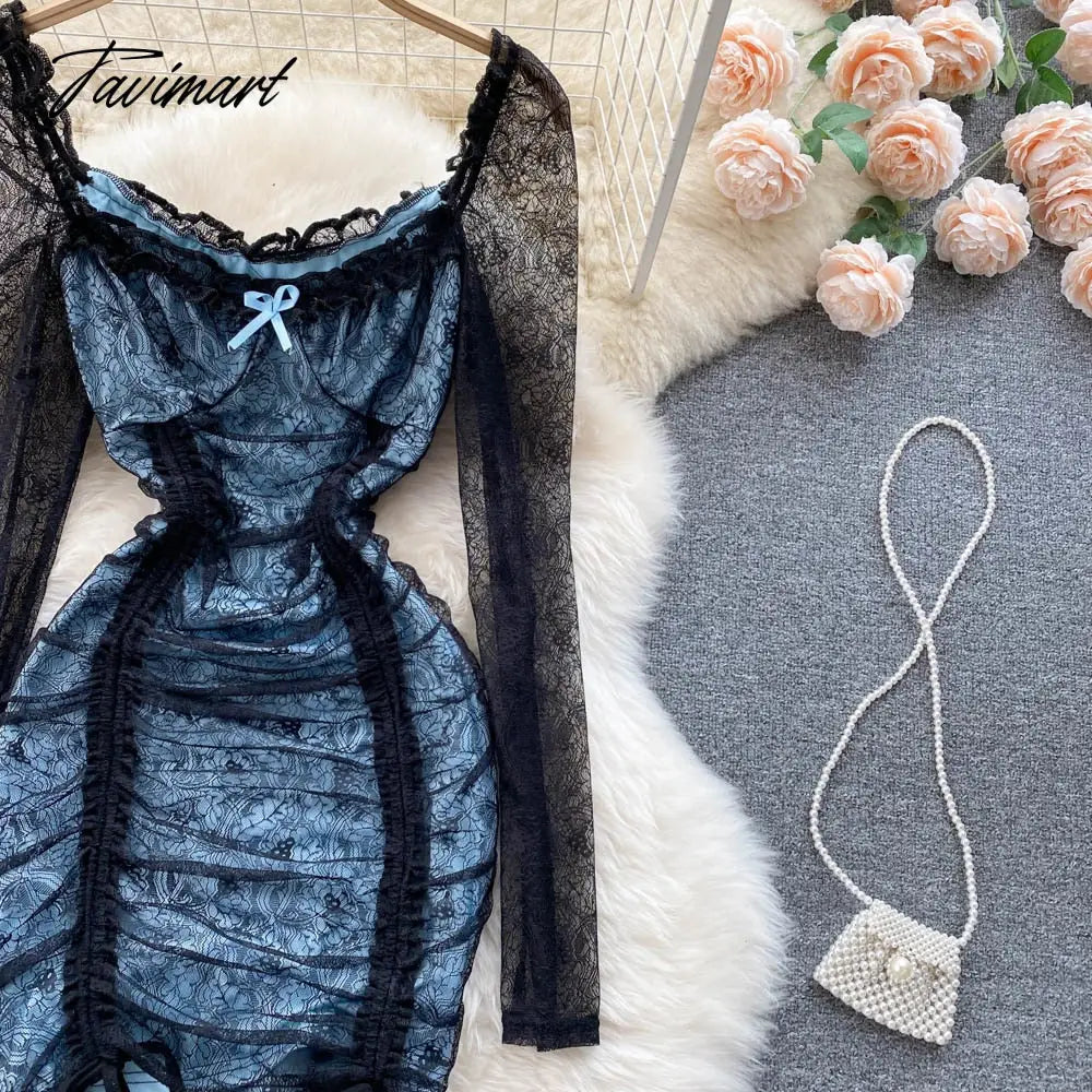 Sexy Hollow Out Floral Lace Mini Bodycon Dress for Women Elegant Square Collar Slim High Waist Drawstring Ruched Party Dresses