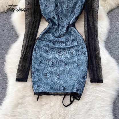 Sexy Hollow Out Floral Lace Mini Bodycon Dress for Women Elegant Square Collar Slim High Waist Drawstring Ruched Party Dresses