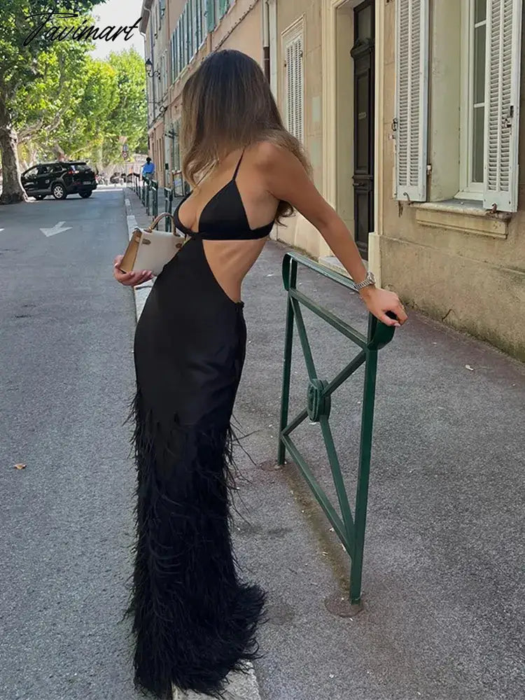 Sexy Hollow Out Tassels Patchwork Maxi Dress Women Fashion Solid Sleeveless Backless Vestido 2024 Spring Lady Elegant Party Robe