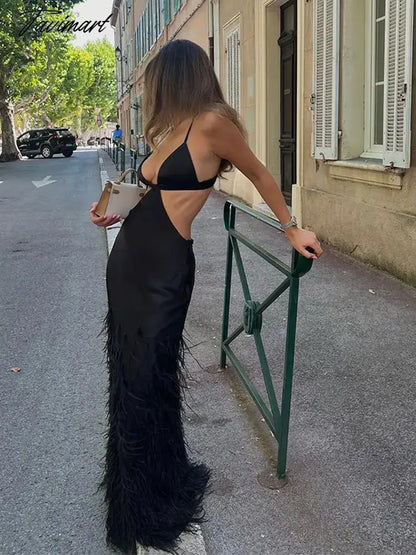 Sexy Hollow Out Tassels Patchwork Maxi Dress Women Fashion Solid Sleeveless Backless Vestido 2024 Spring Lady Elegant Party Robe