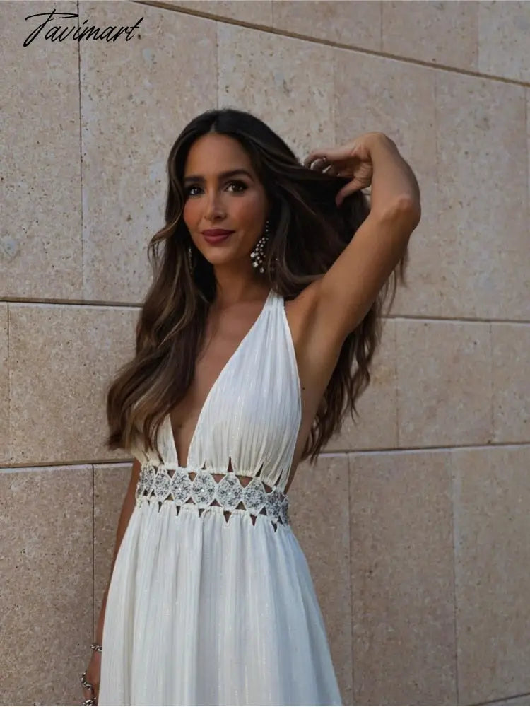 Sexy Hollowed Out Halter Lace Up Dress For Women Chic V-Neck Open Back Sleeveless Robe Summer Lady Party Elegant Vestidos