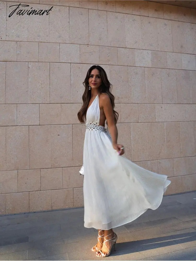 Sexy Hollowed Out Halter Lace Up Dress For Women Chic V-Neck Open Back Sleeveless Robe Summer Lady Party Elegant Vestidos