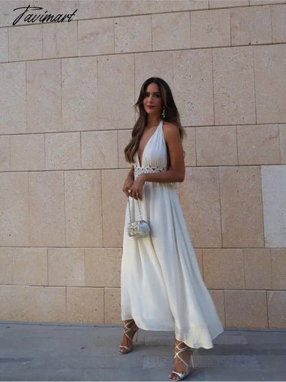 Sexy Hollowed Out Halter Lace Up Dress For Women Chic V-Neck Open Back Sleeveless Robe Summer Lady Party Elegant Vestidos