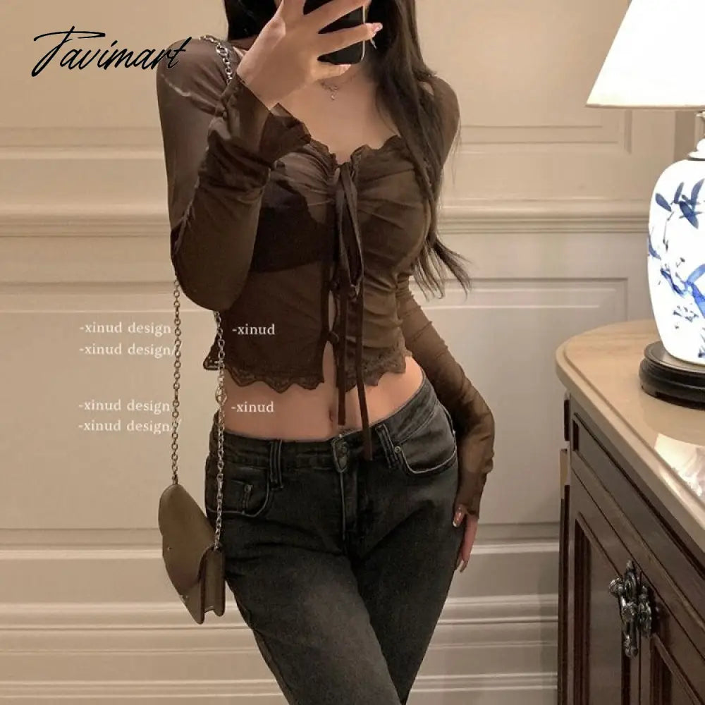 Sexy Hot V-neck Lace Thin Mesh Tops Women Summer Slim Fit Crop Top Blusas Mujer Korean Chic Long Sleeve Bottoming Blouses